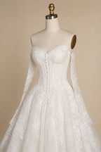 White Floral Lace Ball Gown Wedding Dress with Sweetheart Neckline and Detachable Long Sleeves ZP015