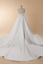 White Satin Strapless Wedding Dress Lace Appliques Sweetheart Neckline Ball Gown ZP010