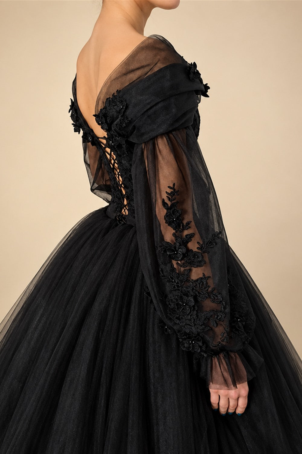 Black Luxury Gothic Wedding Dress 3D Floral Corset Tulle Ball Gown With Train  ZP201