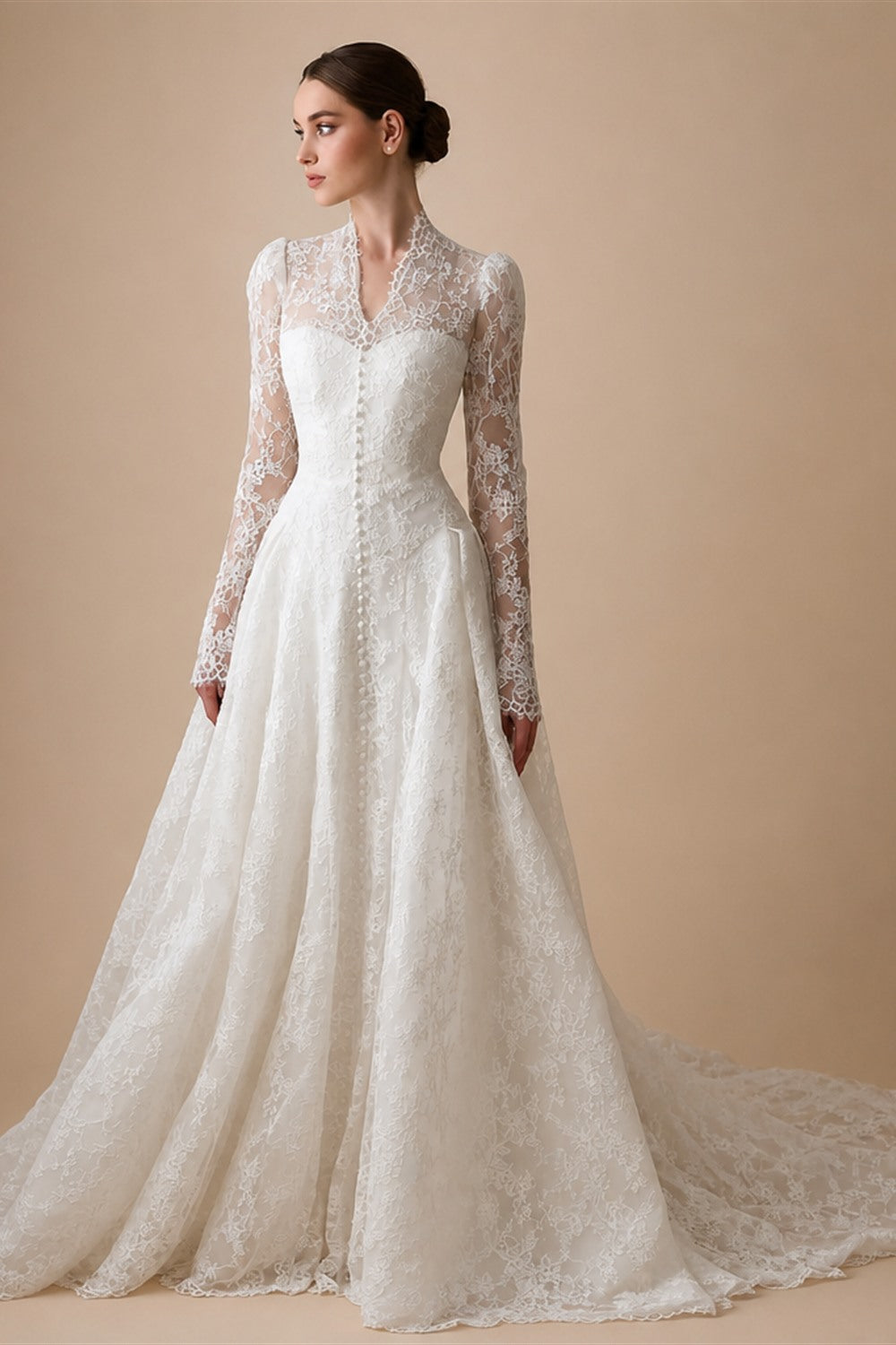 Vintag White Lace High Neck Long Sleeve A-Line Wedding Dress with Train ZP110