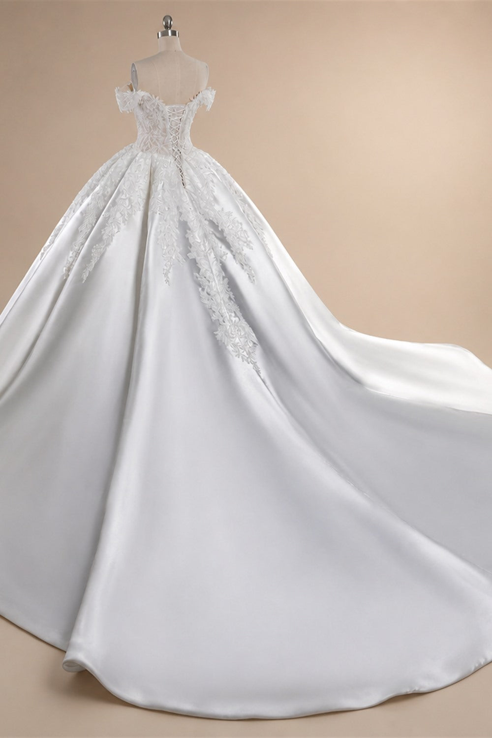Luxury White Off-the-Shoulder Lace Satin Ball Gown Wedding Dress ZP069