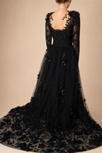 Black Luxury Gothic Wedding Dress 3D Floral Lace Tulle Sweep Train ZP026