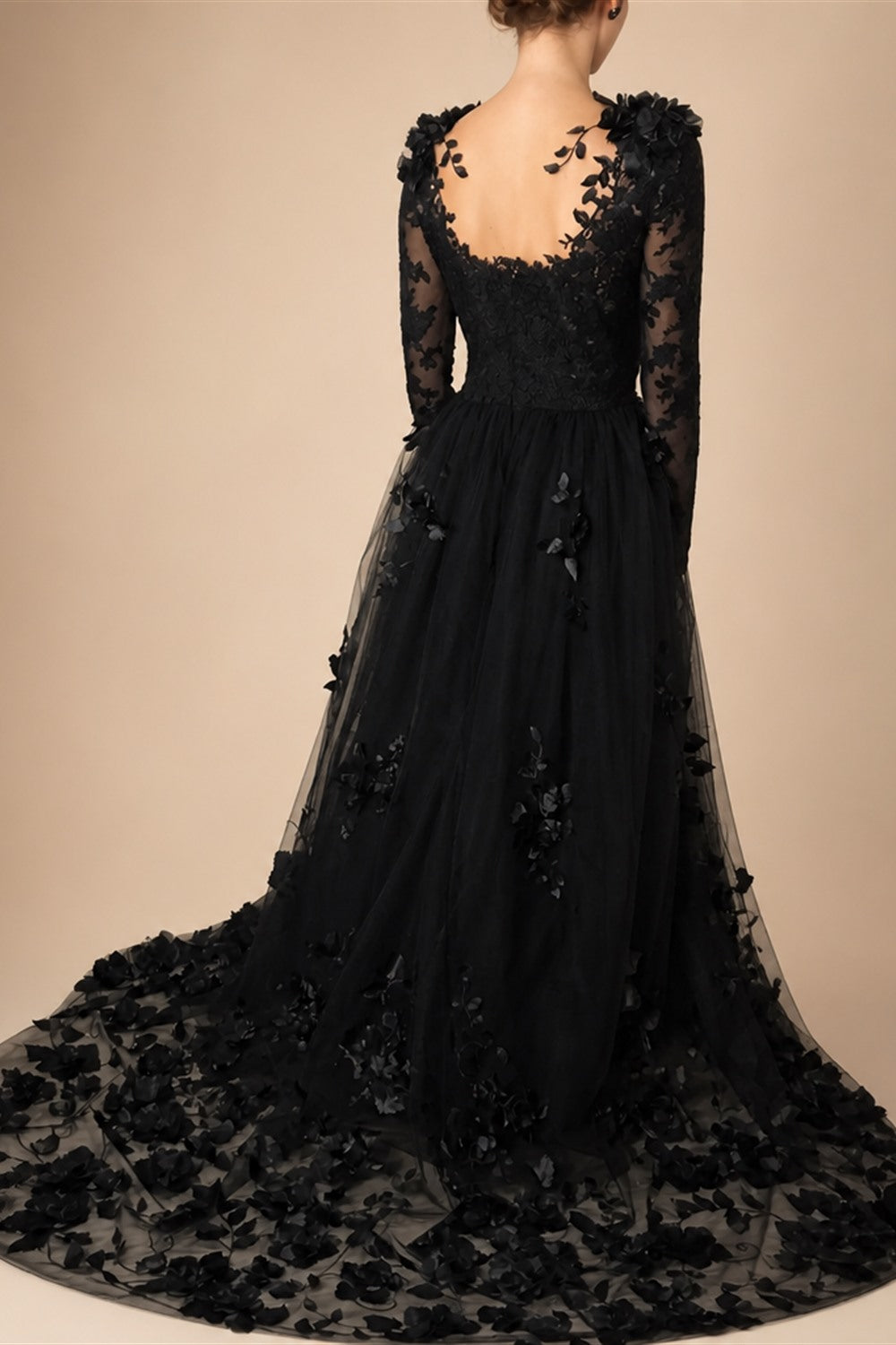 Black Luxury Gothic Wedding Dress 3D Floral Lace Tulle Sweep Train ZP026
