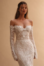 Bohemian Ivory Off-the-Shoulder Sheer Lace Mermaid Wedding Dress with Veil ZP128