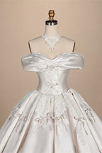 Off the Shoulder White Satin Ball Gown Flower Girl Dress with Long Cathedral Train ZP017