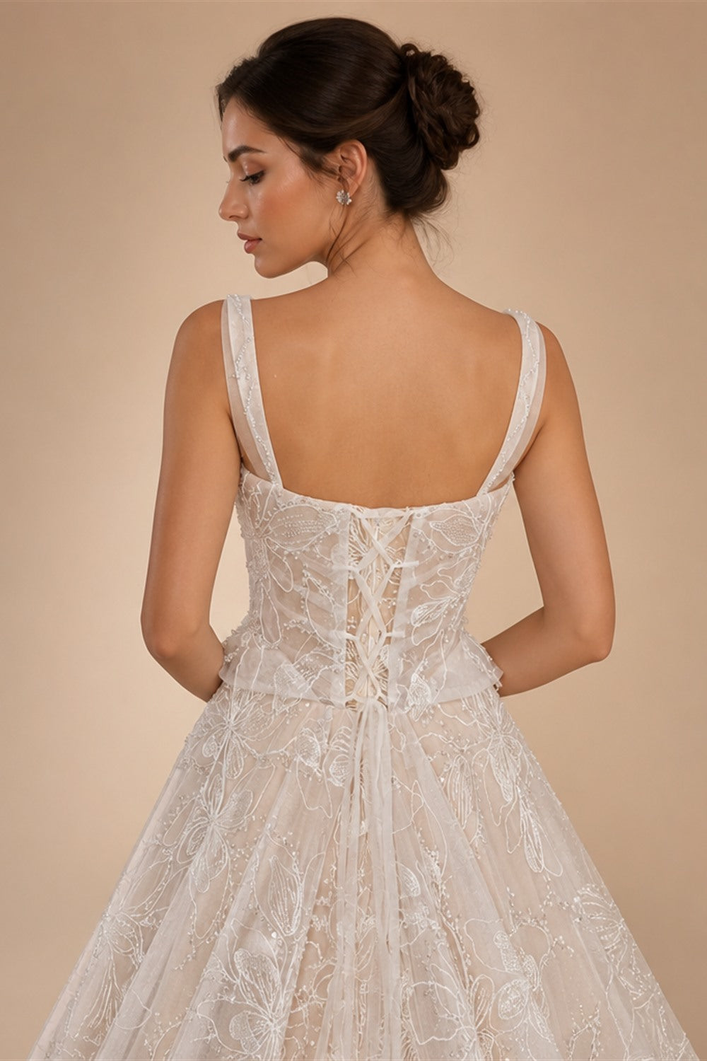 Luxury Ivory Square Neck Corset Lace Tulle A-Line Wedding Dress with Train ZP064
