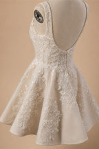 Romantic Champagne Sleeveless A-Line Short Wedding Dress with Deep V Back ZP046