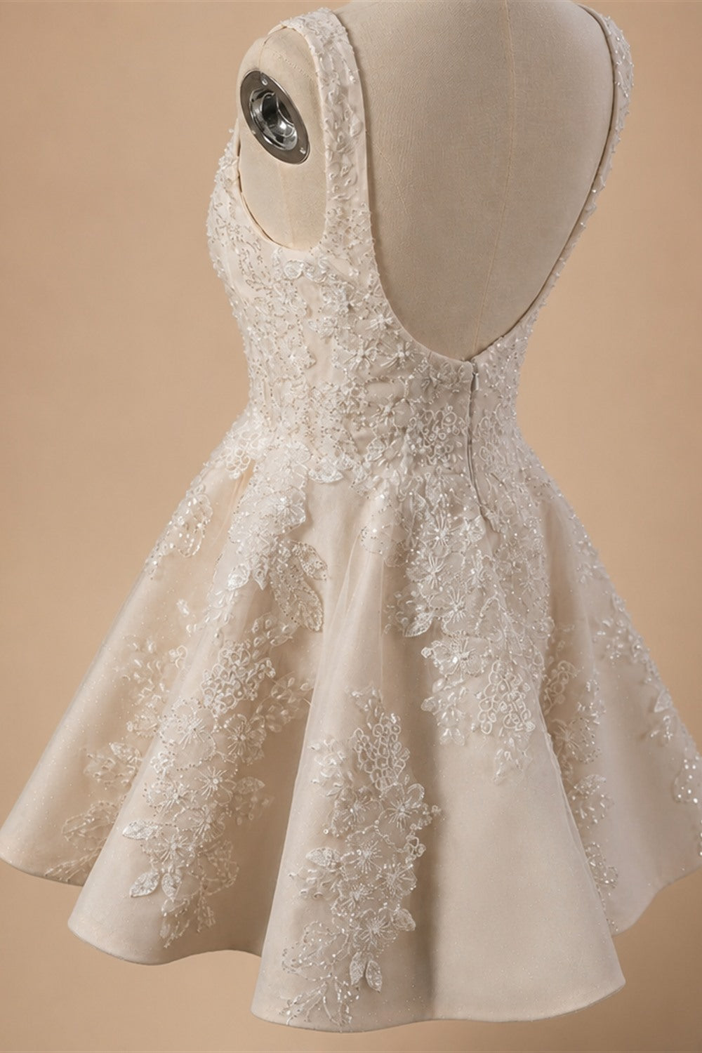 Romantic Champagne Sleeveless A-Line Short Wedding Dress with Deep V Back ZP046