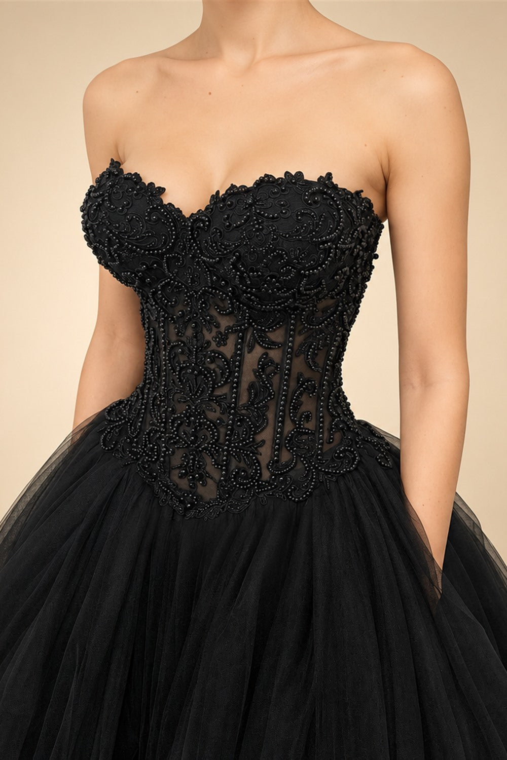 Black Lace Heavy Gothic Beading Wedding Dress Ballgown Corset Closure  ZP202
