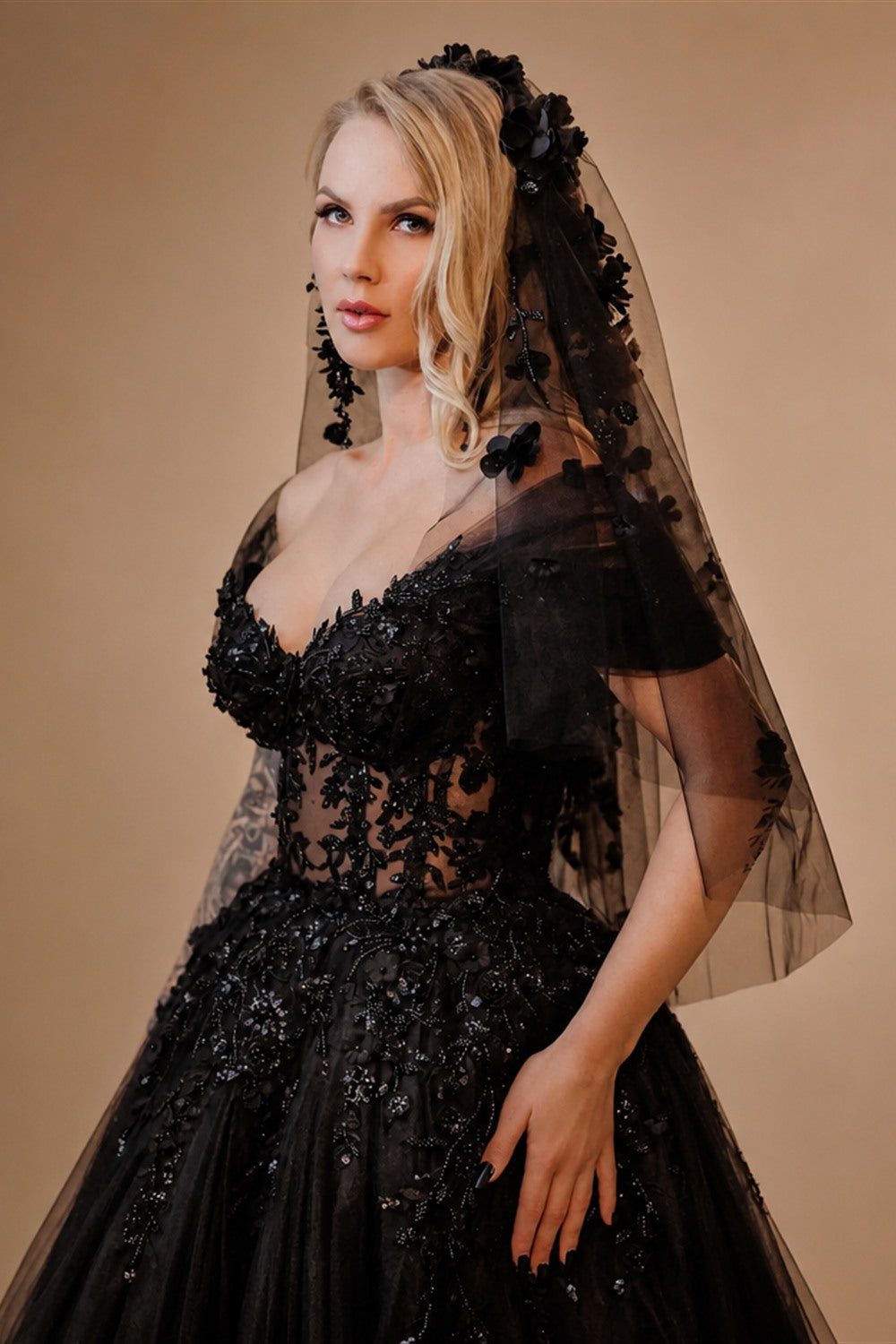 Black Luxury Gothic Wedding Dress  Sheer Corset 3D Floral Tulle  ZP027