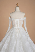 White Lace Mermaid Wedding Dress Off the Shoulder with Detachable Train and Long Sleeves ZP014