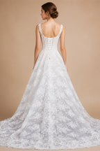 White Lace Spaghetti Strap Bridal Gown Square Neck Beaded Corset Ball Gown ZP012