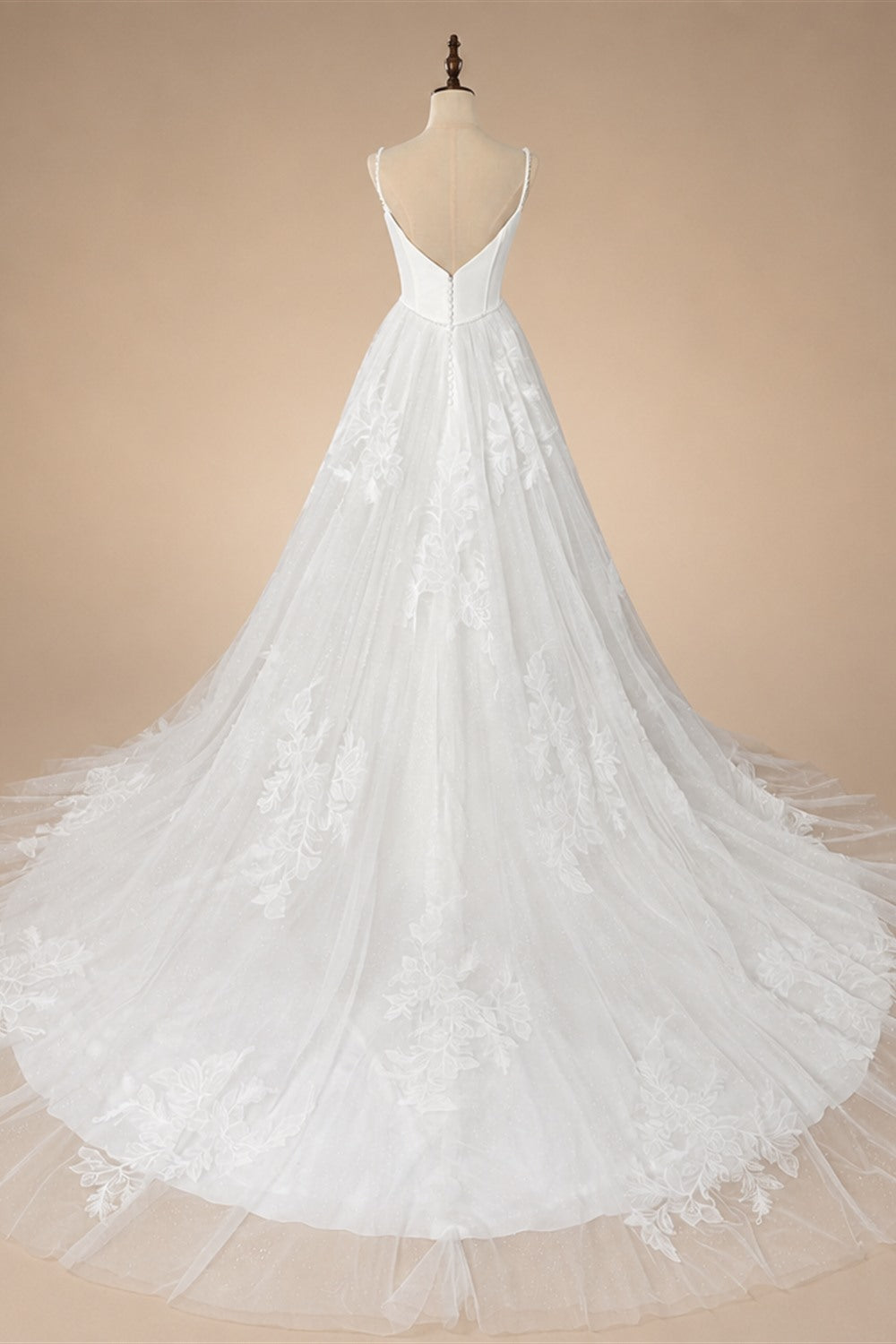 Elegant White Spaghetti Strap Satin Bodice Lace Tulle Wedding Dress with Train ZP065