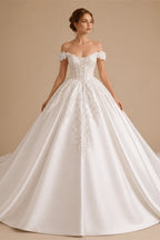 Luxury White Off-the-Shoulder Lace Satin Ball Gown Wedding Dress ZP069