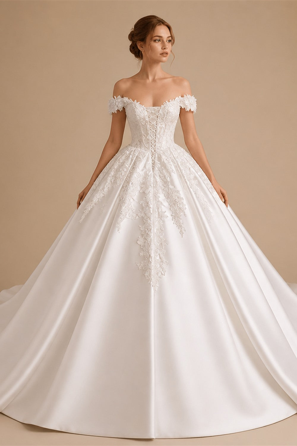 Luxury White Off-the-Shoulder Lace Satin Ball Gown Wedding Dress ZP069