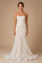 White Nude Lace Fairytale  Mermaid Wedding Dress 3D Floral  Train  ZP037