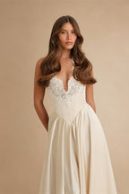 Luxury Spaghetti Strap V-Neck Lace Satin A-Line Wedding Dress with Veil ZP040