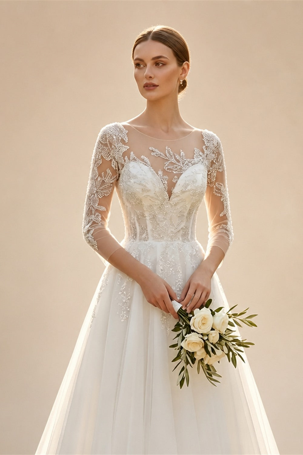 Glamorous White Illusion Neck Lace & Tulle Wedding Dress with Cathedral Train ZP063