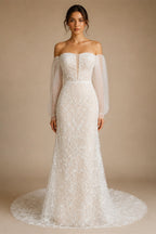 White Nude Lace Mermaid Wedding Dress Luxury Beaded Sequins   Tulle Gloves ZP032