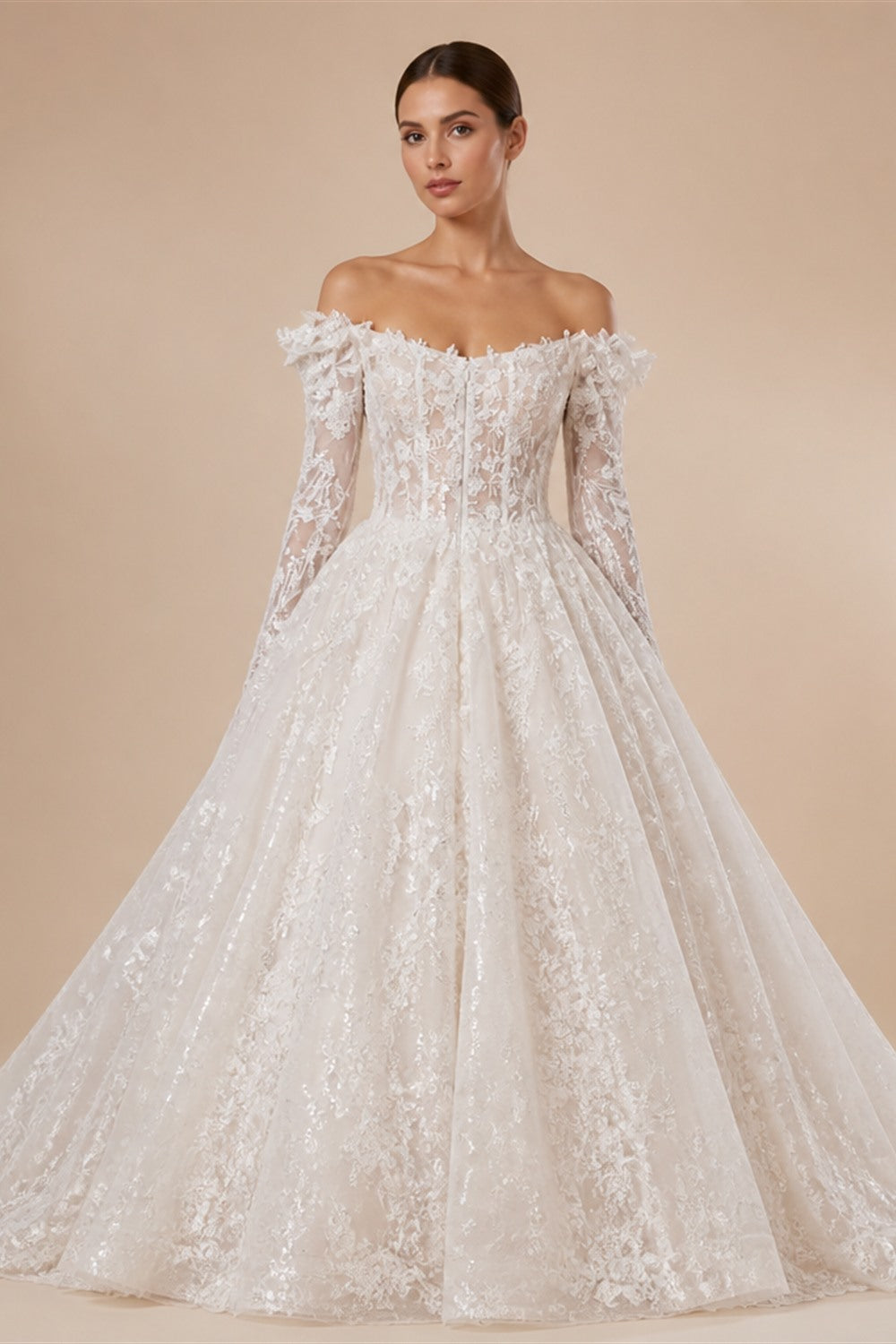 Luxury White Off-the-Shoulder Long Sleeve Lace Tulle Ball Gown Wedding Dress ZP068