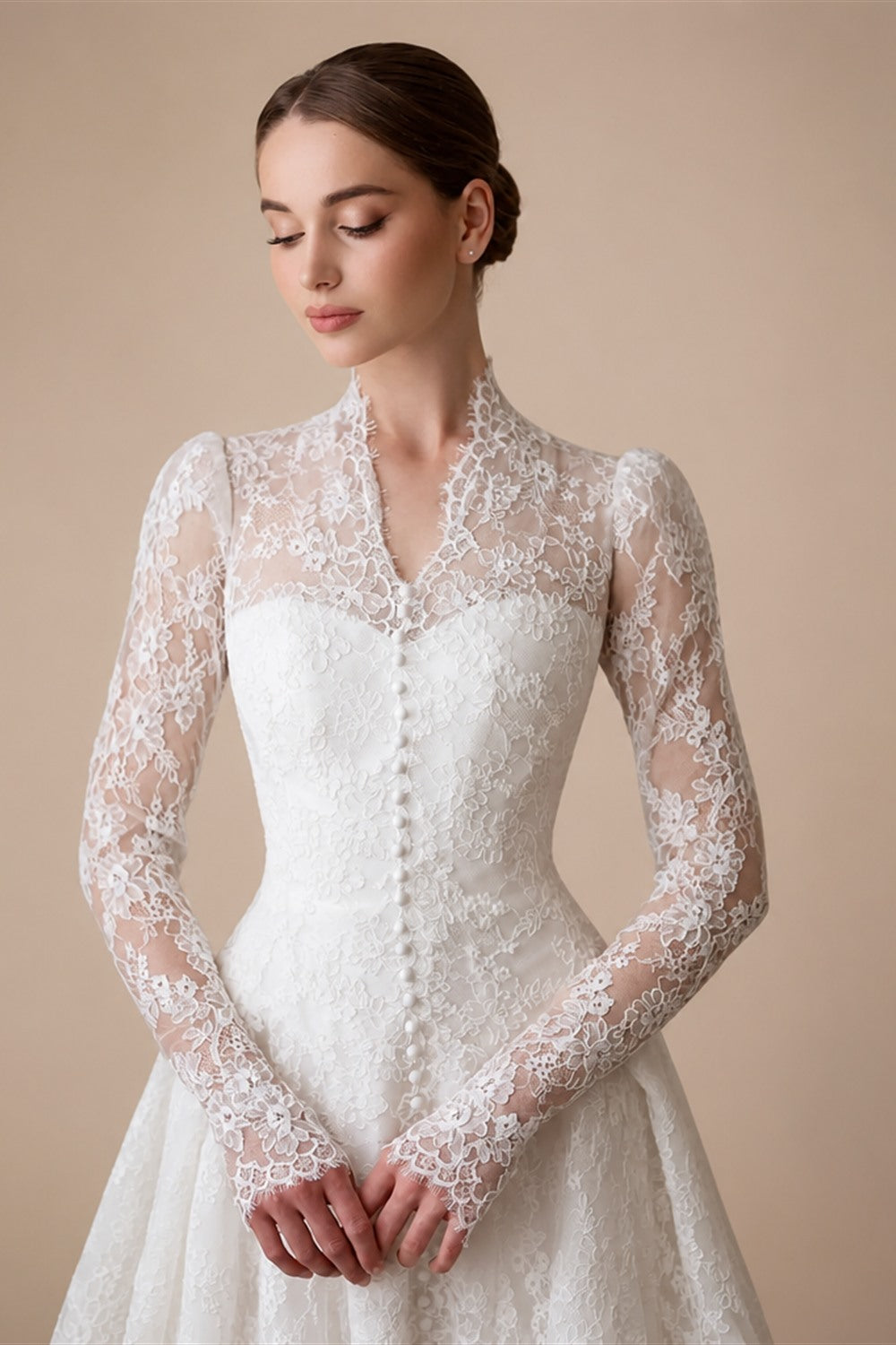 Vintag White Lace High Neck Long Sleeve A-Line Wedding Dress with Train ZP110