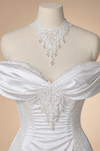 Off the Shoulder White Satin Ball Gown Flower Girl Dress with Long Cathedral Train ZP017