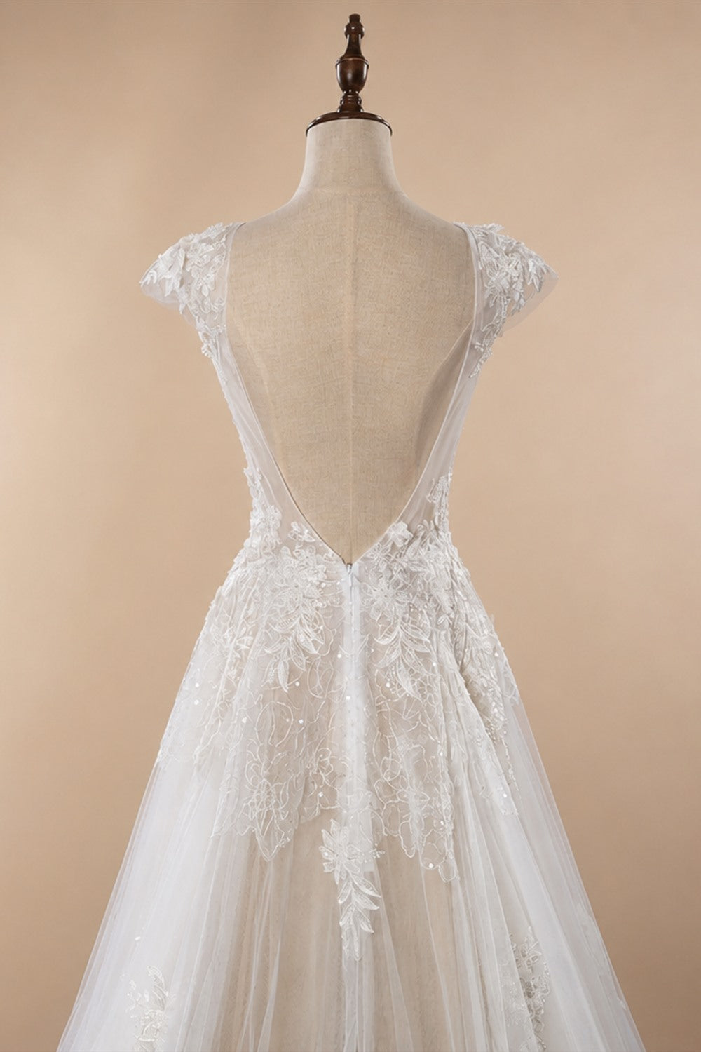 Elegant Ivory V-Neck Cap Sleeve A-Line Lace Tulle Wedding Dress ZP055