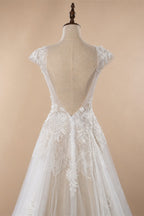 Elegant Ivory V-Neck Cap Sleeve A-Line Lace Tulle Wedding Dress ZP055
