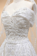 Luxury White Off-the-Shoulder Train Wedding Dress with Veil ZP153