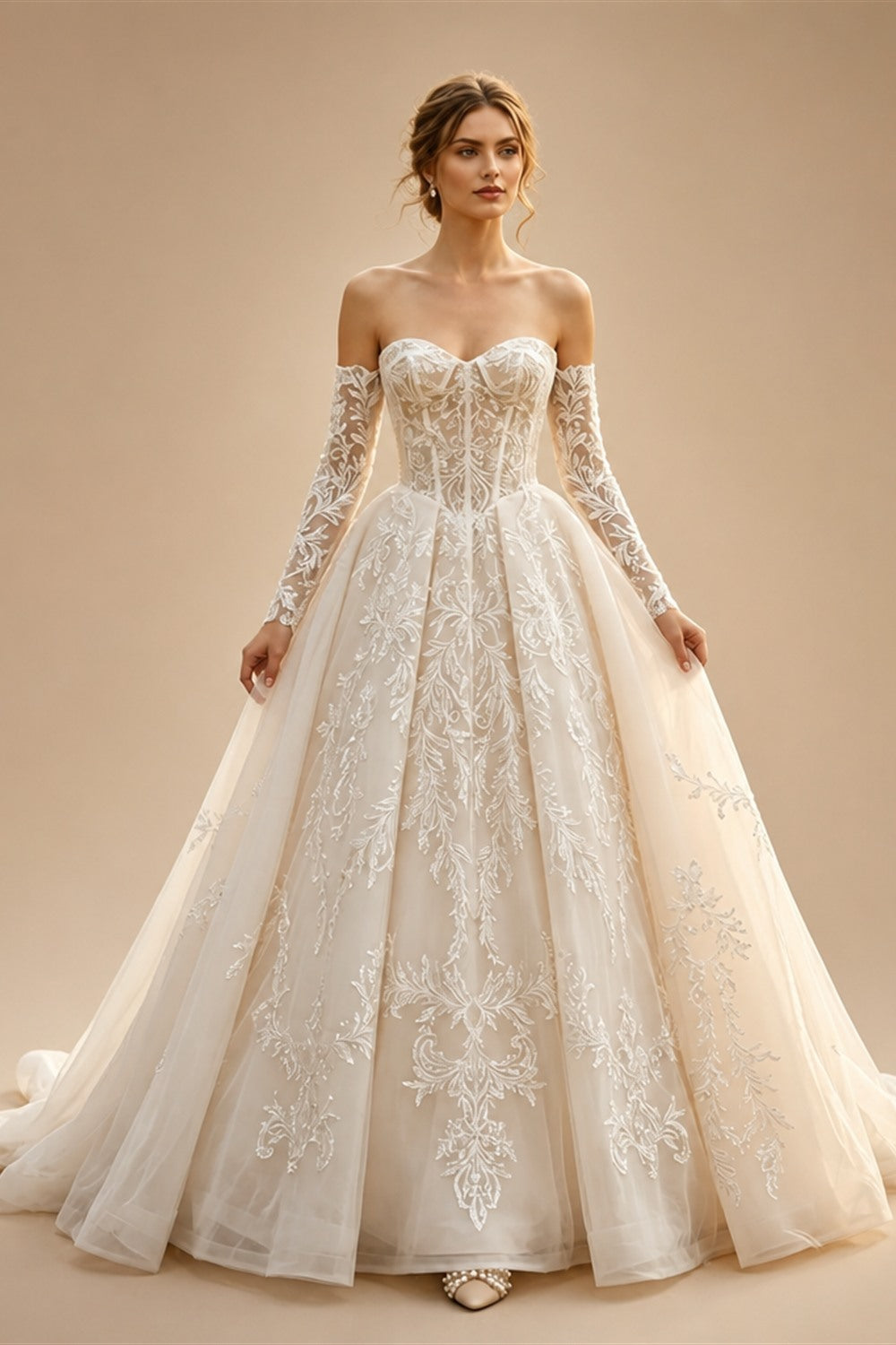 Elegant Ivory Strapless Corset Lace Tulle Bridal Gown Wedding Dress with Long Detachable Sleeves ZP067