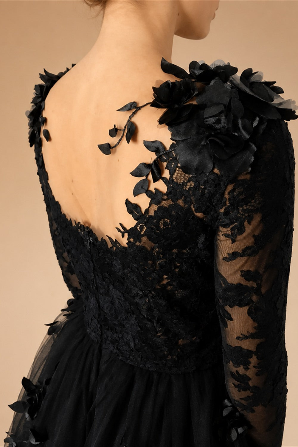 Black Luxury Gothic Wedding Dress 3D Floral Lace Tulle Sweep Train ZP026