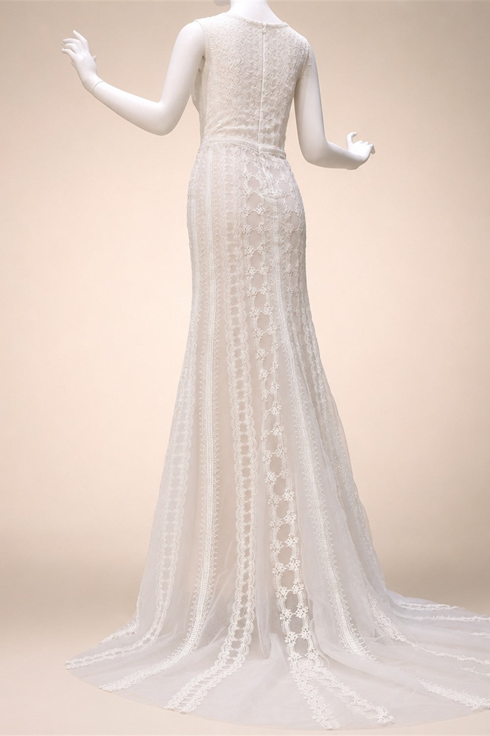 Elegant Ivory High Neck Sheer Lace Long Sleeves Mermaid Wedding Dress with Veil ZP085