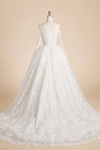 White Lace and Tulle Ball Gown Wedding Dress Off the Shoulder Beaded Bridal Dress ZP013