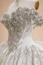 Ivory Luxury Satin Ball Gown with Silver Embroidery Wedding Dress ZP166
