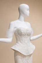 Luxury Ivory Off-the-Shoulder Lace Corset Tulle Train Wedding Dress ZP135