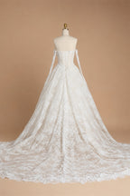 White Floral Lace Ball Gown Wedding Dress with Sweetheart Neckline and Detachable Long Sleeves ZP015