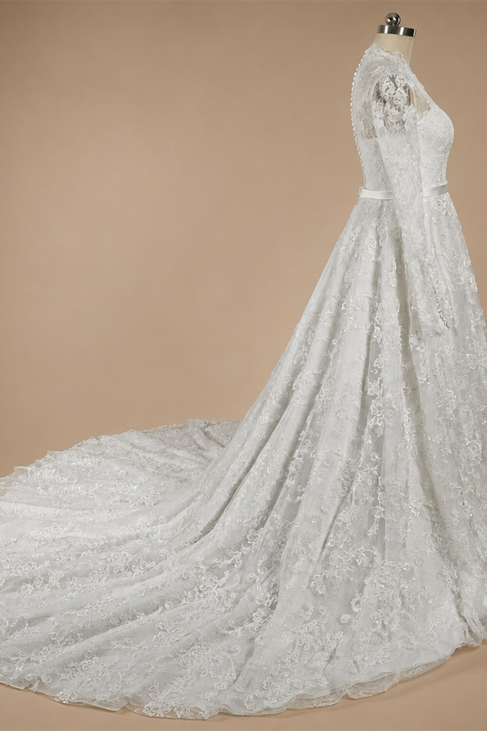 Elegant Printed Lace High Neck Wedding Dress with Train ZP171