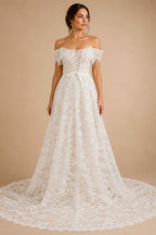 Off White Elegant Lace Pearl Embroidery Ball Gown Wedding Dress ZP168