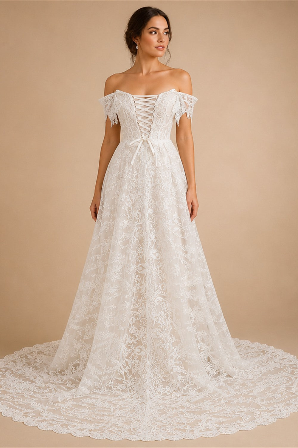 Off White Elegant Lace Pearl Embroidery Ball Gown Wedding Dress ZP168