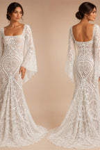 Boho Long Batwing Sleeves Lace Wedding Dress Drop Ship Customized Mermaid Rustic Beach 2026 Square Neck Open Back Bridal Gowns