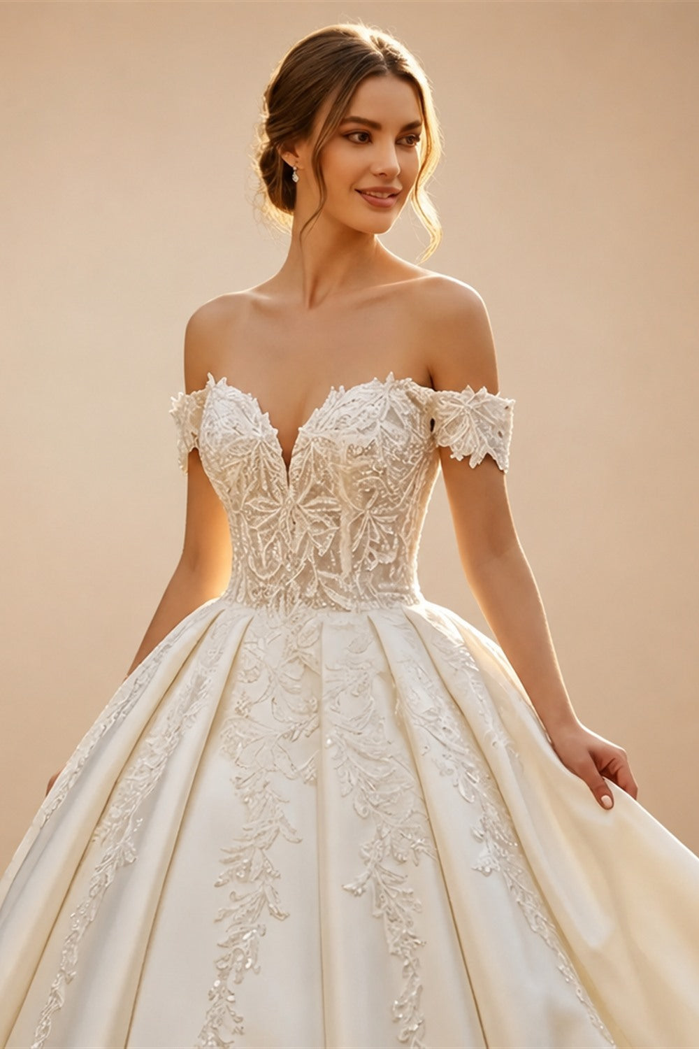 Luxury White Off-the-Shoulder Lace Satin Ball Gown Wedding Dress ZP069