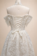 Off White Elegant Lace Pearl Embroidery Ball Gown Wedding Dress ZP168