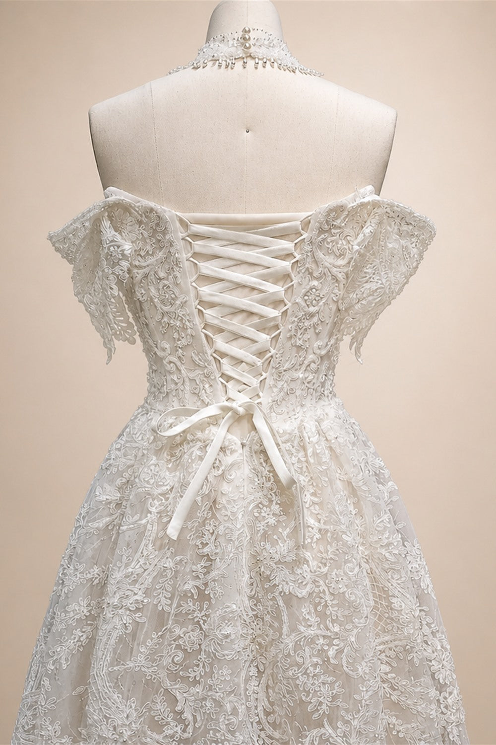 Off White Elegant Lace Pearl Embroidery Ball Gown Wedding Dress ZP168
