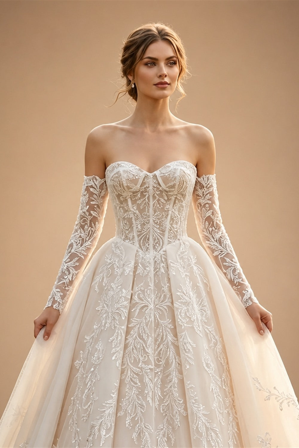 Elegant Ivory Strapless Corset Lace Tulle Bridal Gown Wedding Dress with Long Detachable Sleeves ZP067