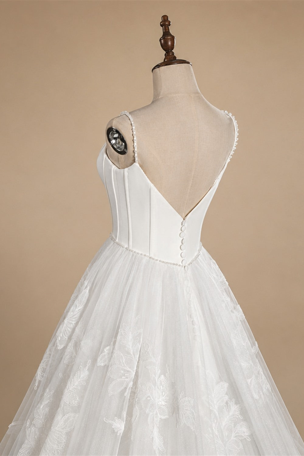 Elegant White Spaghetti Strap Satin Bodice Lace Tulle Wedding Dress with Train ZP065