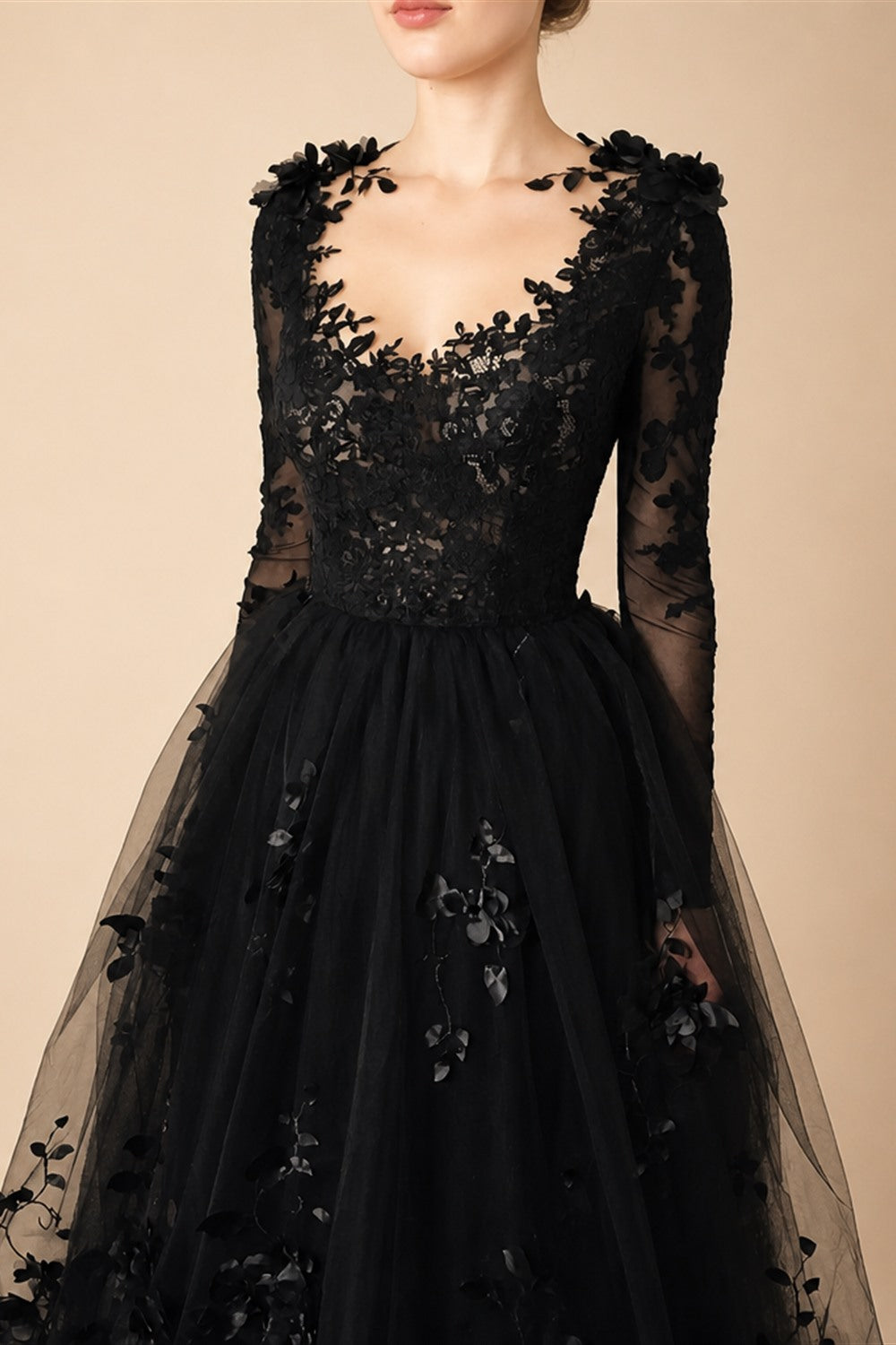 Black Luxury Gothic Wedding Dress 3D Floral Lace Tulle Sweep Train ZP026