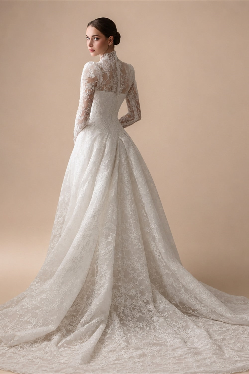 Vintag White Lace High Neck Long Sleeve A-Line Wedding Dress with Train ZP110