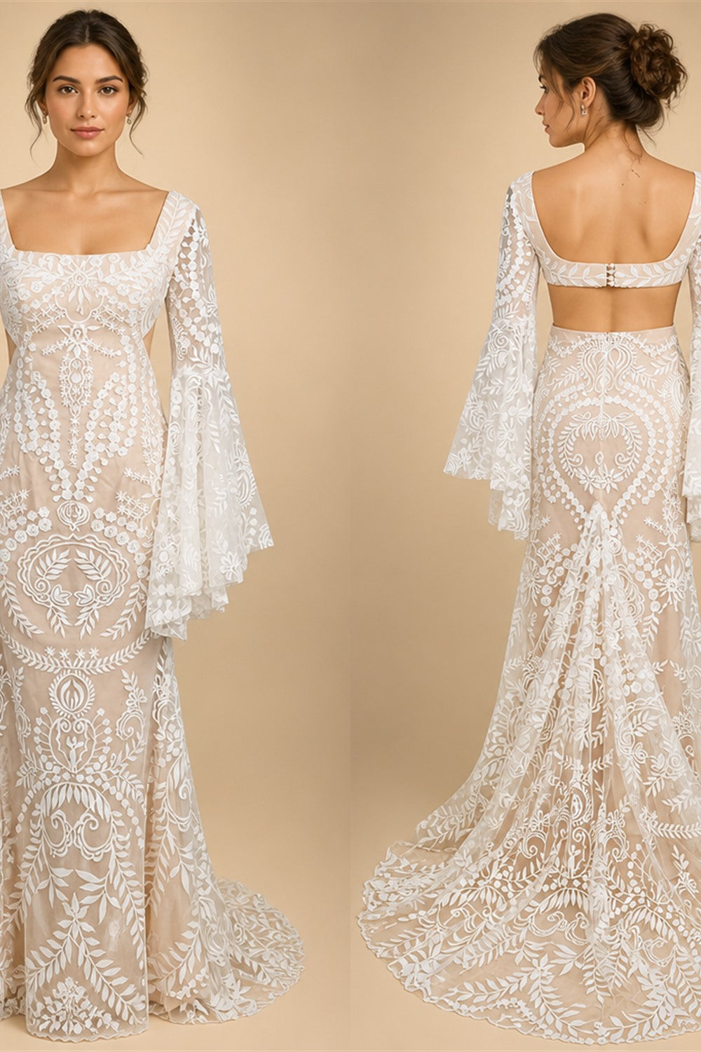 Boho Long Batwing Sleeves Lace Wedding Dress Drop Ship Customized Mermaid Rustic Beach 2026 Square Neck Open Back Bridal Gowns
