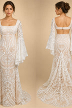 Boho Long Batwing Sleeves Lace Wedding Dress Drop Ship Customized Mermaid Rustic Beach 2026 Square Neck Open Back Bridal Gowns