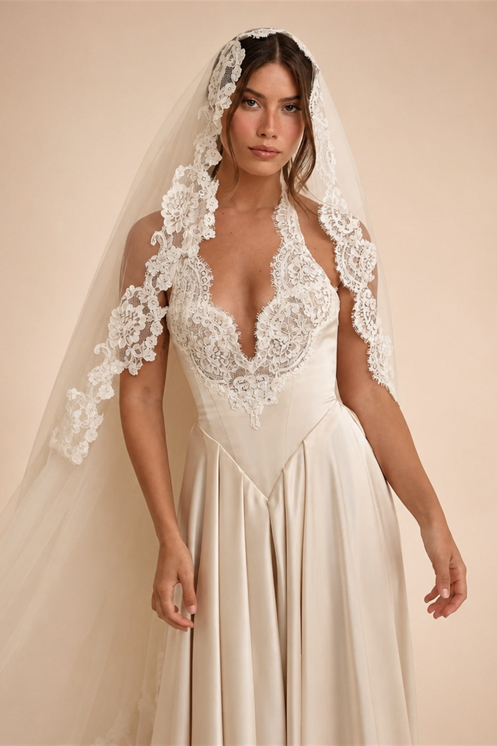 Luxury Spaghetti Strap V-Neck Lace Satin A-Line Wedding Dress with Veil ZP040